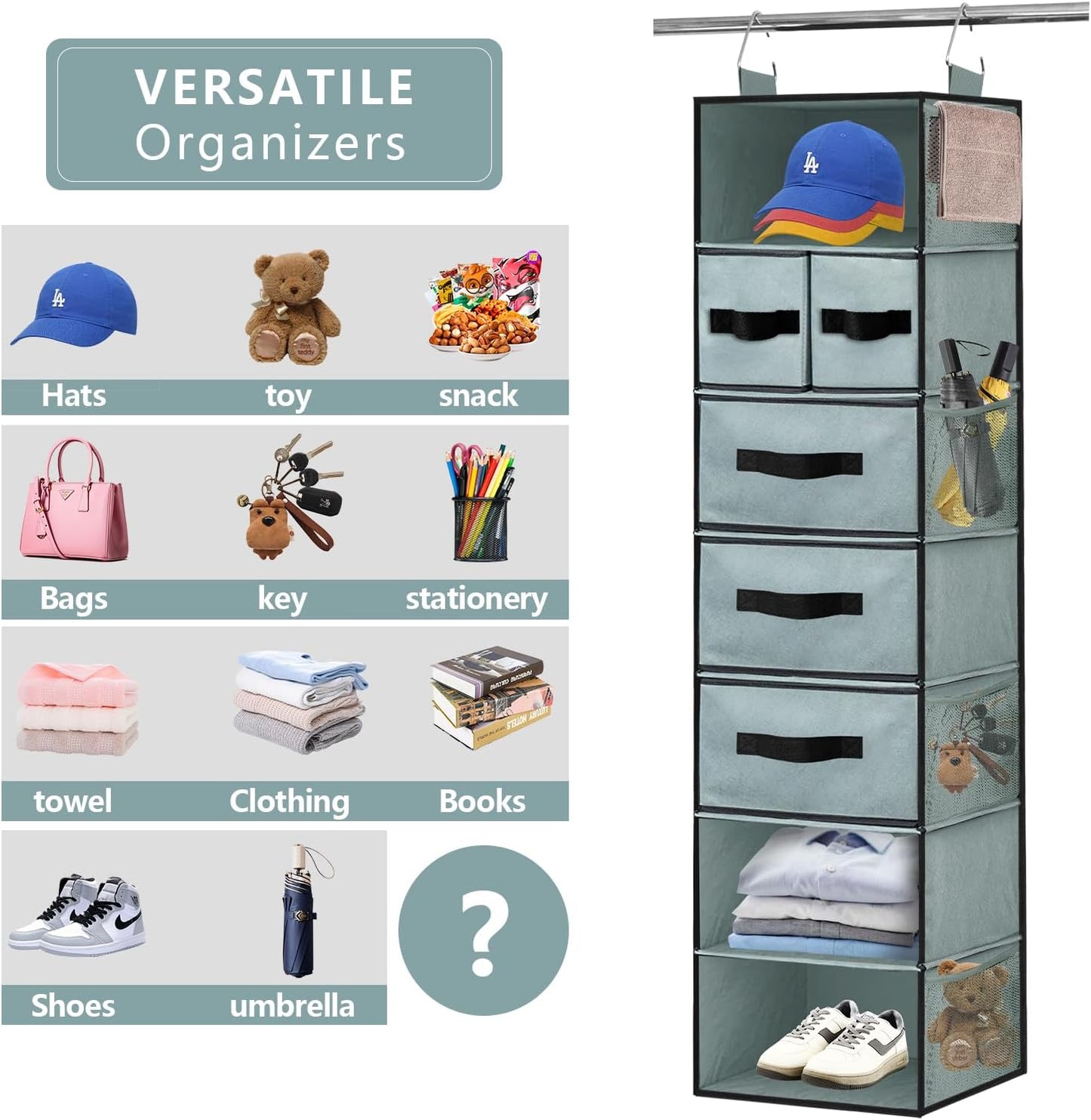 VERONLY 7-Shelf Hanging Closet Organizer with 5 Drawers, Grey Storage NEW