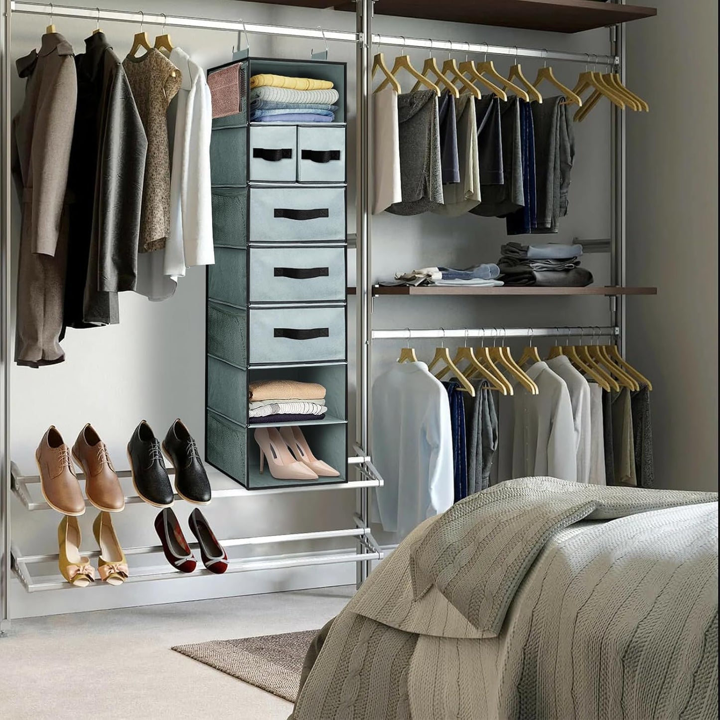 VERONLY 7-Shelf Hanging Closet Organizer with 5 Drawers, Grey Storage NEW