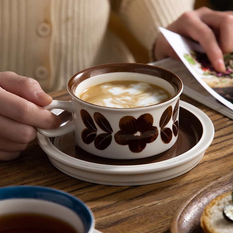 Givvate Ceramic Coffee Cup & Saucer Wide Cappuccino Mug for Hot Drinks Brown NEW