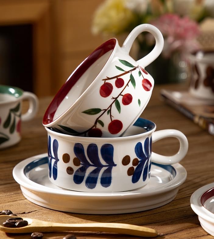 Givvate Small Blue Ceramic Coffee Cup and Saucer Tea Mug Cappuccino Set NEW