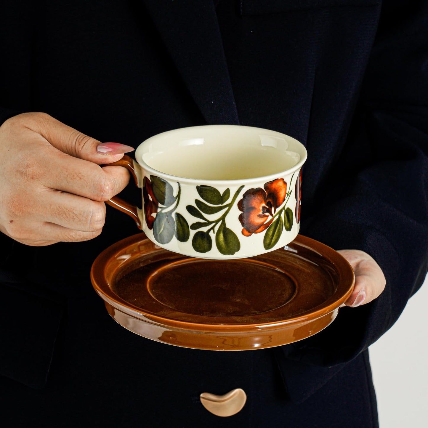 Givvate Begonia Flower Ceramic Coffee Cup and Saucer Brown Tones Set NEW