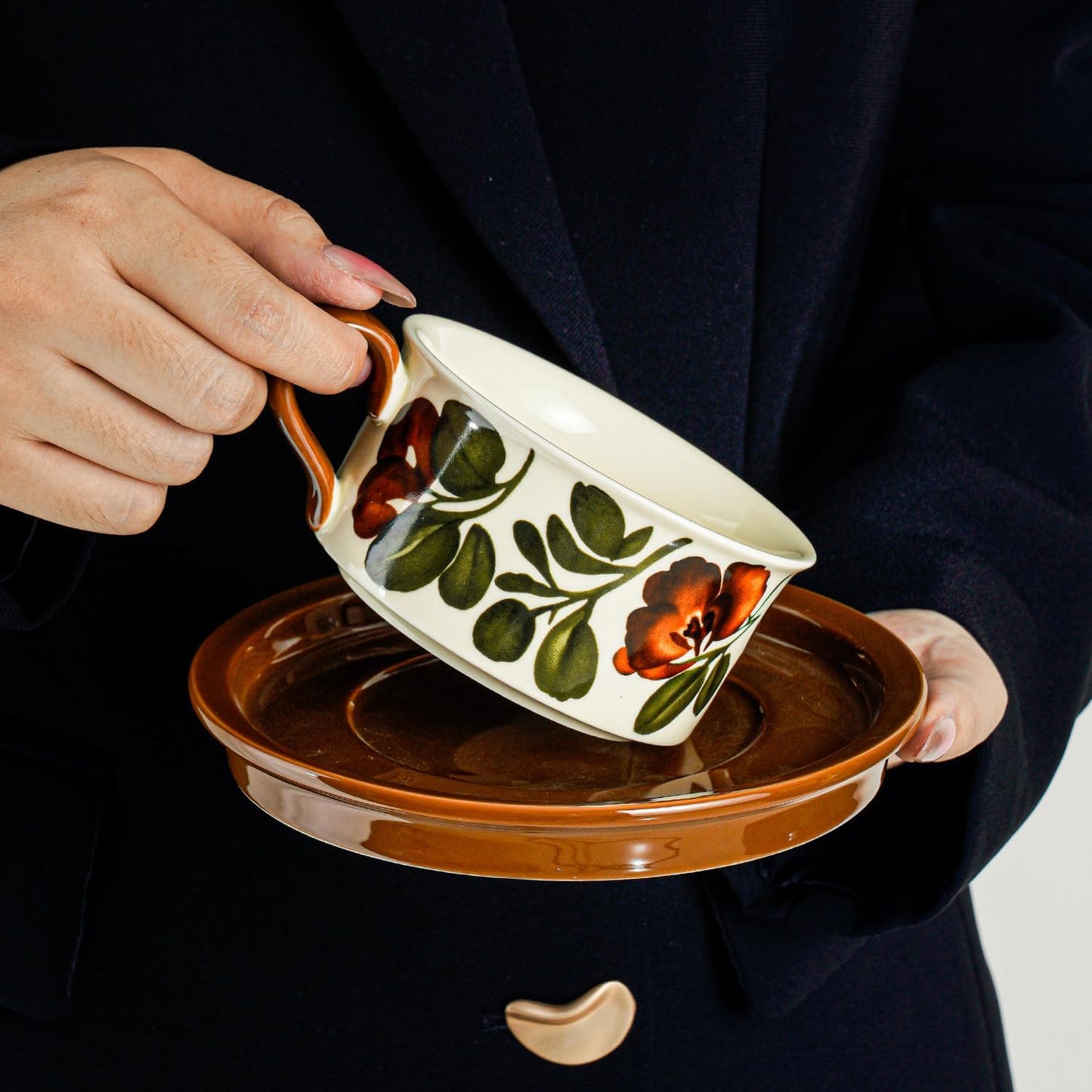 Givvate Begonia Flower Ceramic Coffee Cup and Saucer Brown Tones Set NEW