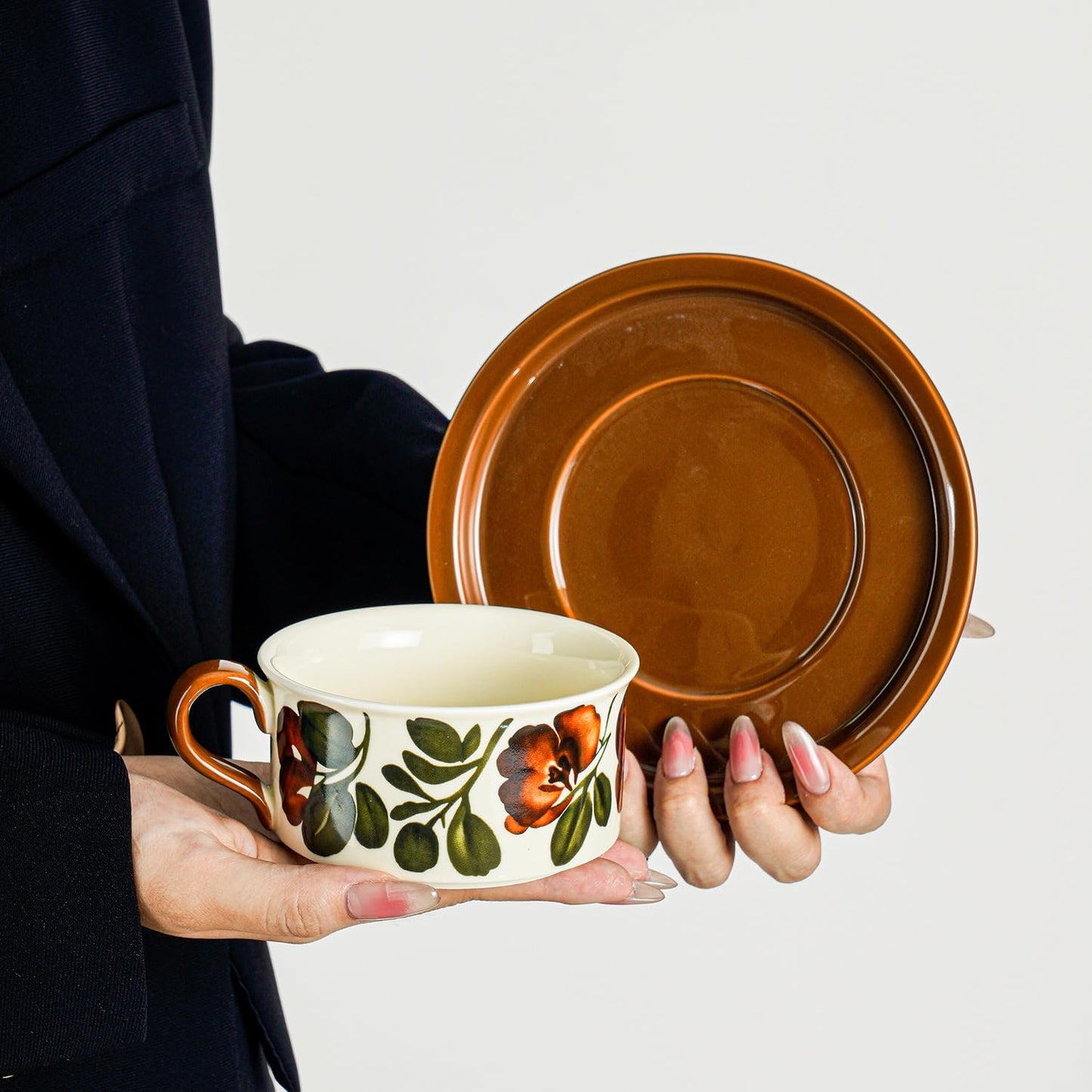 Givvate Begonia Flower Ceramic Coffee Cup and Saucer Brown Tones Set NEW