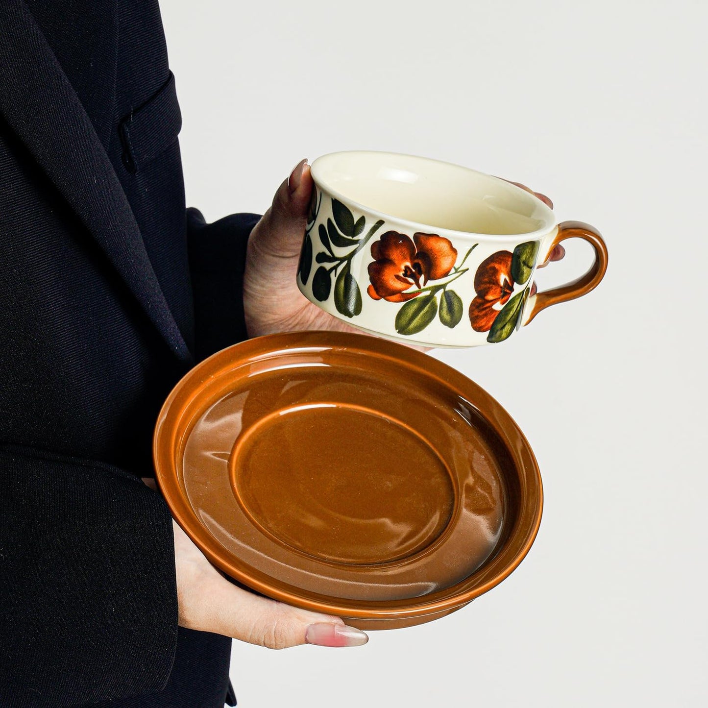 Givvate Begonia Flower Ceramic Coffee Cup and Saucer Brown Tones Set NEW