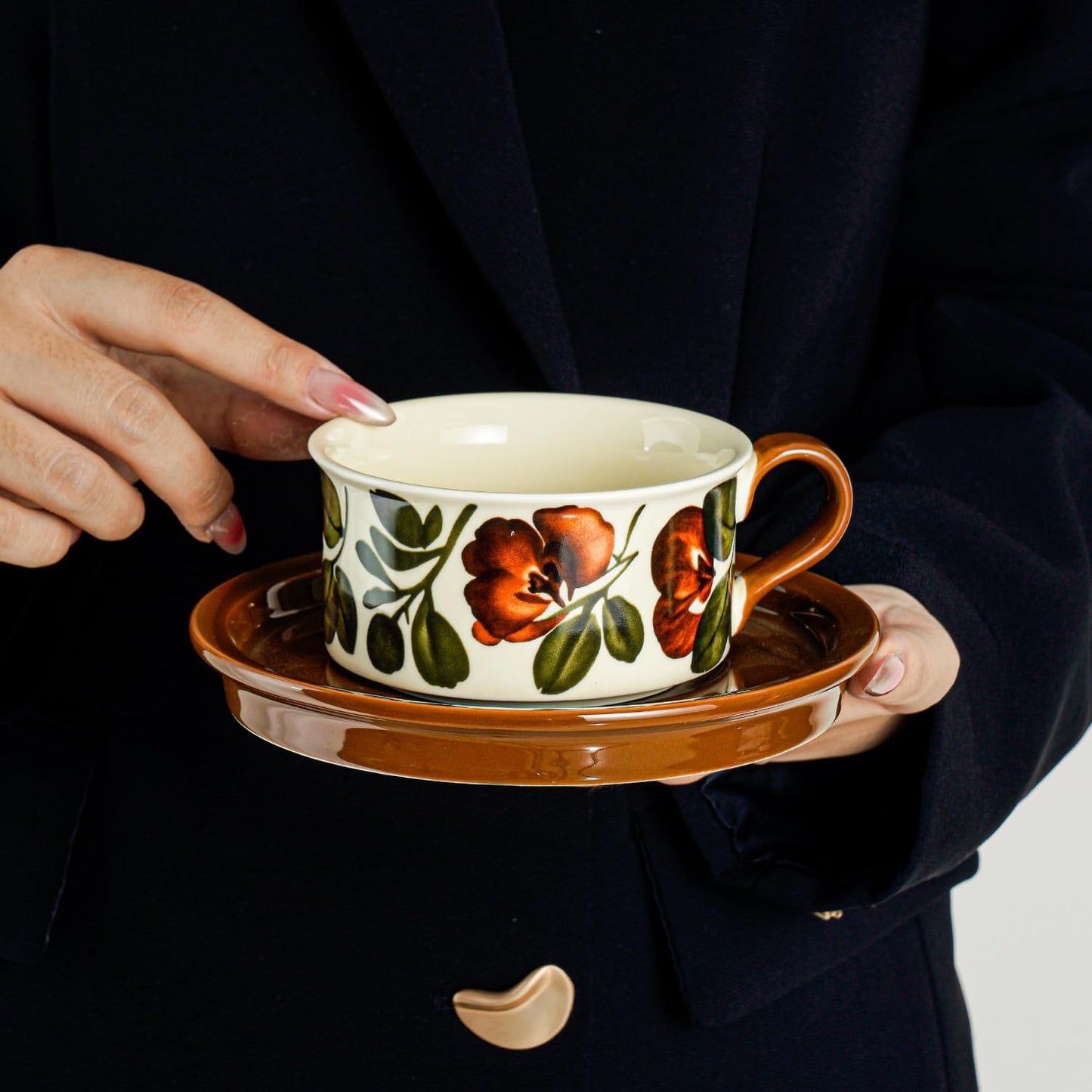Givvate Begonia Flower Ceramic Coffee Cup and Saucer Brown Tones Set NEW