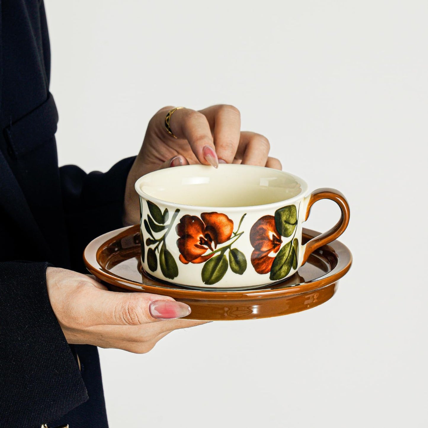 Givvate Begonia Flower Ceramic Coffee Cup and Saucer Brown Tones Set NEW