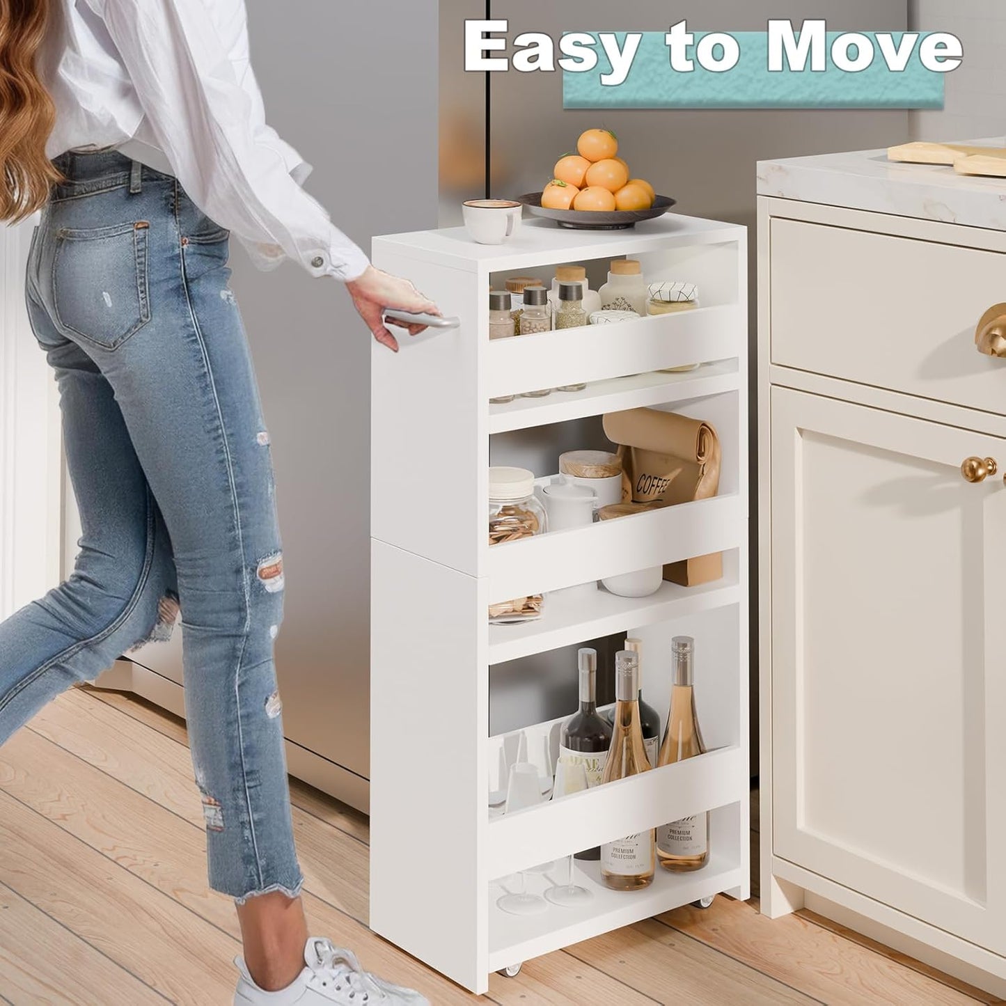 MARTY 4-Tier Slim Rolling Storage Cart, Engineered Wood, 7.9"W, All White NEW