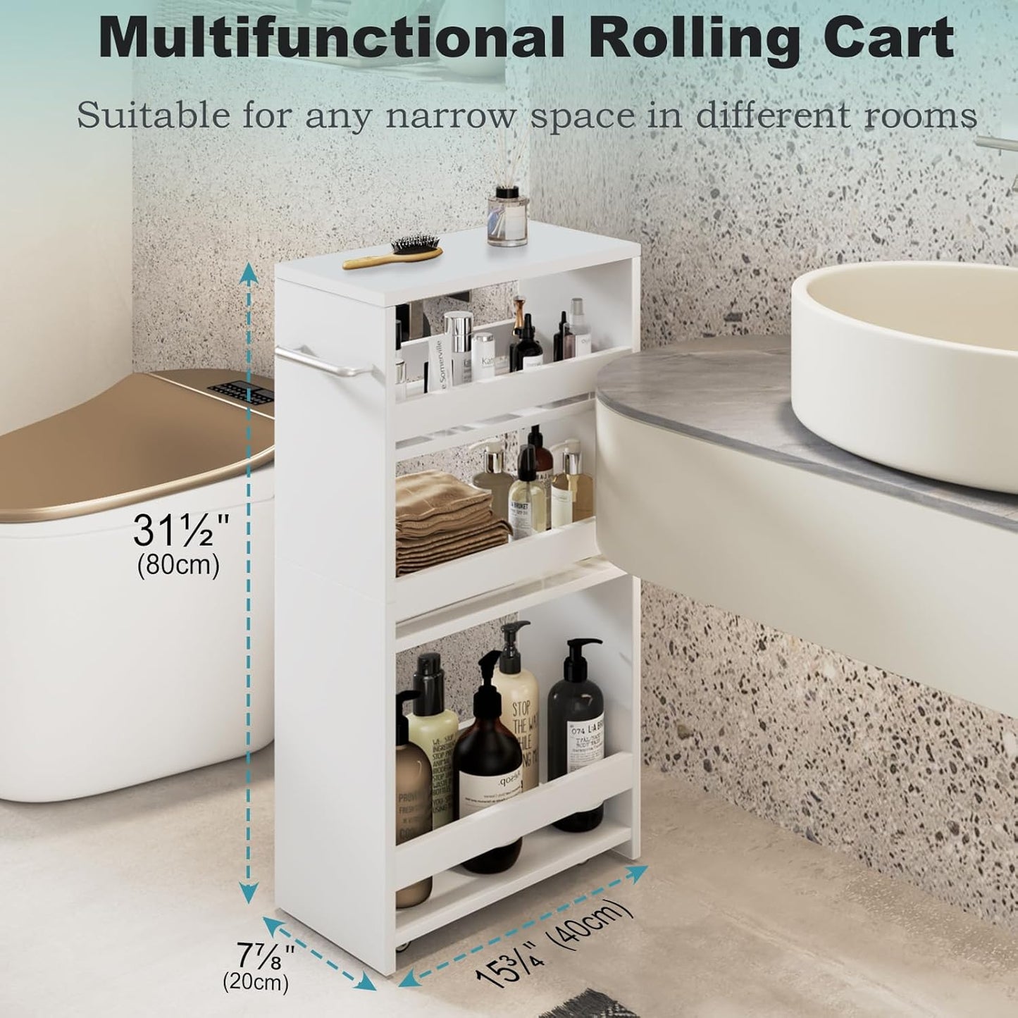 MARTY 4-Tier Slim Rolling Storage Cart, Engineered Wood, 7.9"W, All White NEW
