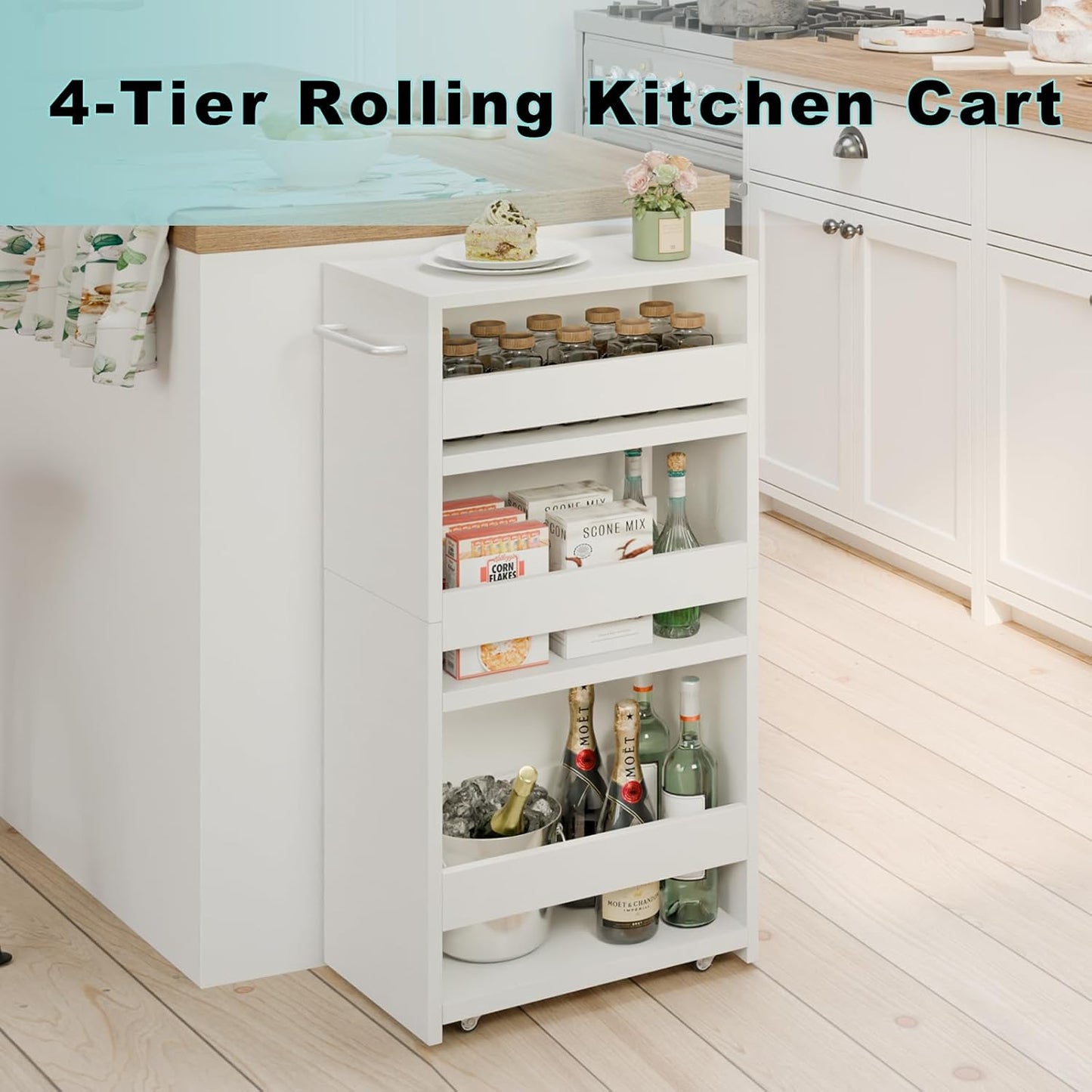 MARTY 4-Tier Slim Rolling Storage Cart, Engineered Wood, 7.9"W, All White NEW