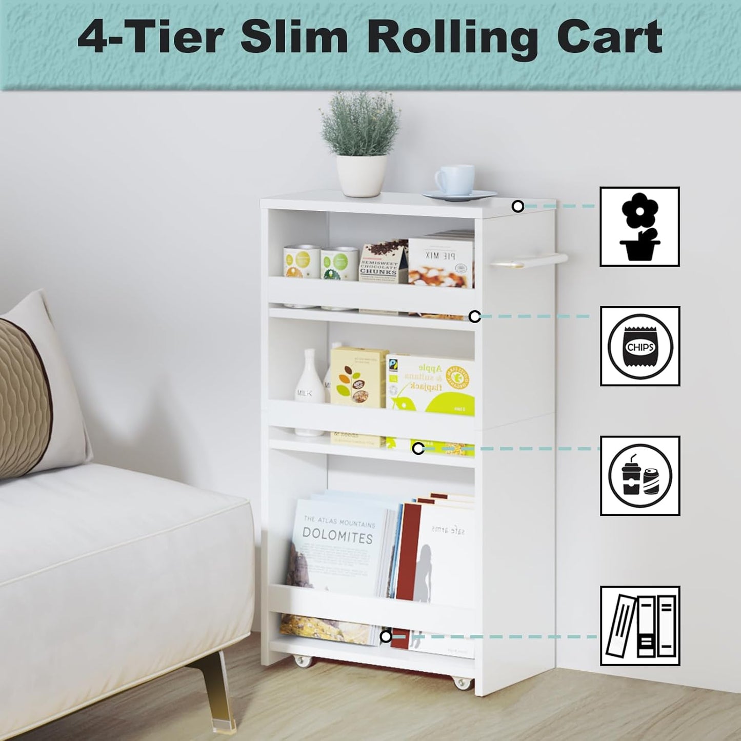 MARTY 4-Tier Slim Rolling Storage Cart, Engineered Wood, 7.9"W, All White NEW