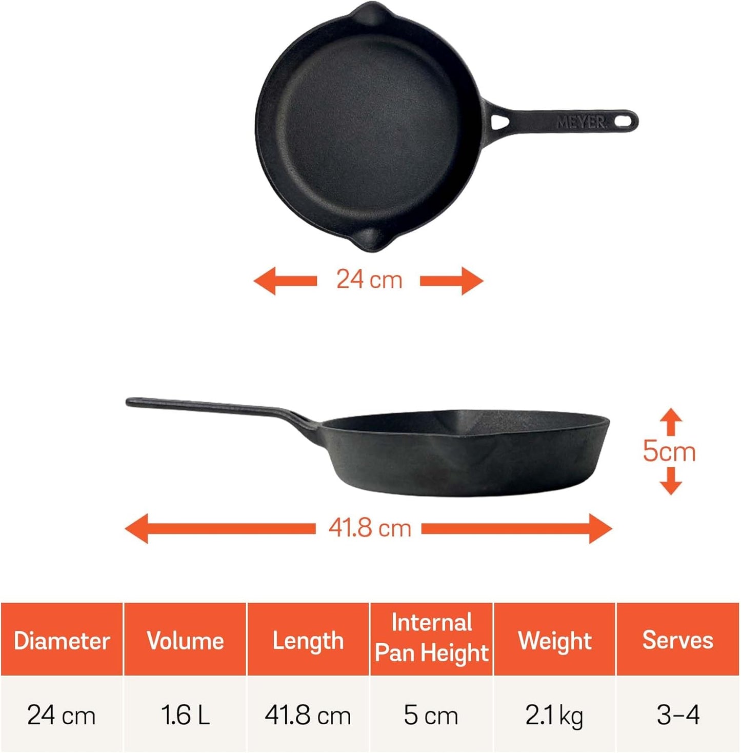 Meyer Pre-Seasoned Cast Iron Frying Pan 24cm Toxin-Free Nonstick Cooking NEW