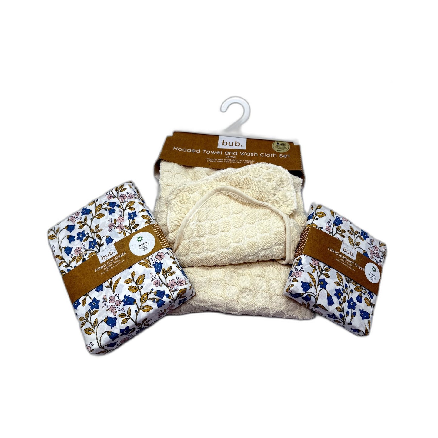 bub. Organic Cotton Hooded Towel, Floral Cot & Basinet Sheet Set NEW