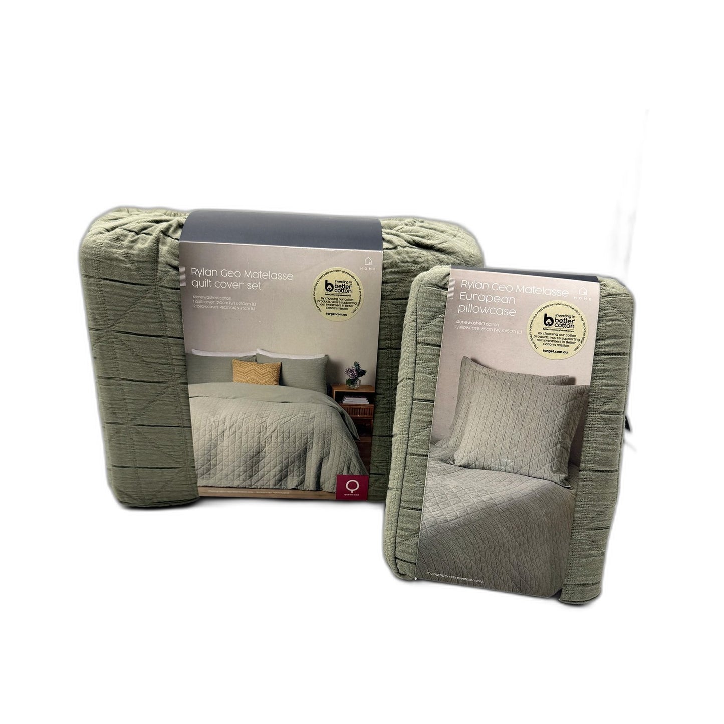 Target Rylan Geo Matelasse Sage Green Quilt Cover Set & Euro PCase QUEEN NEW