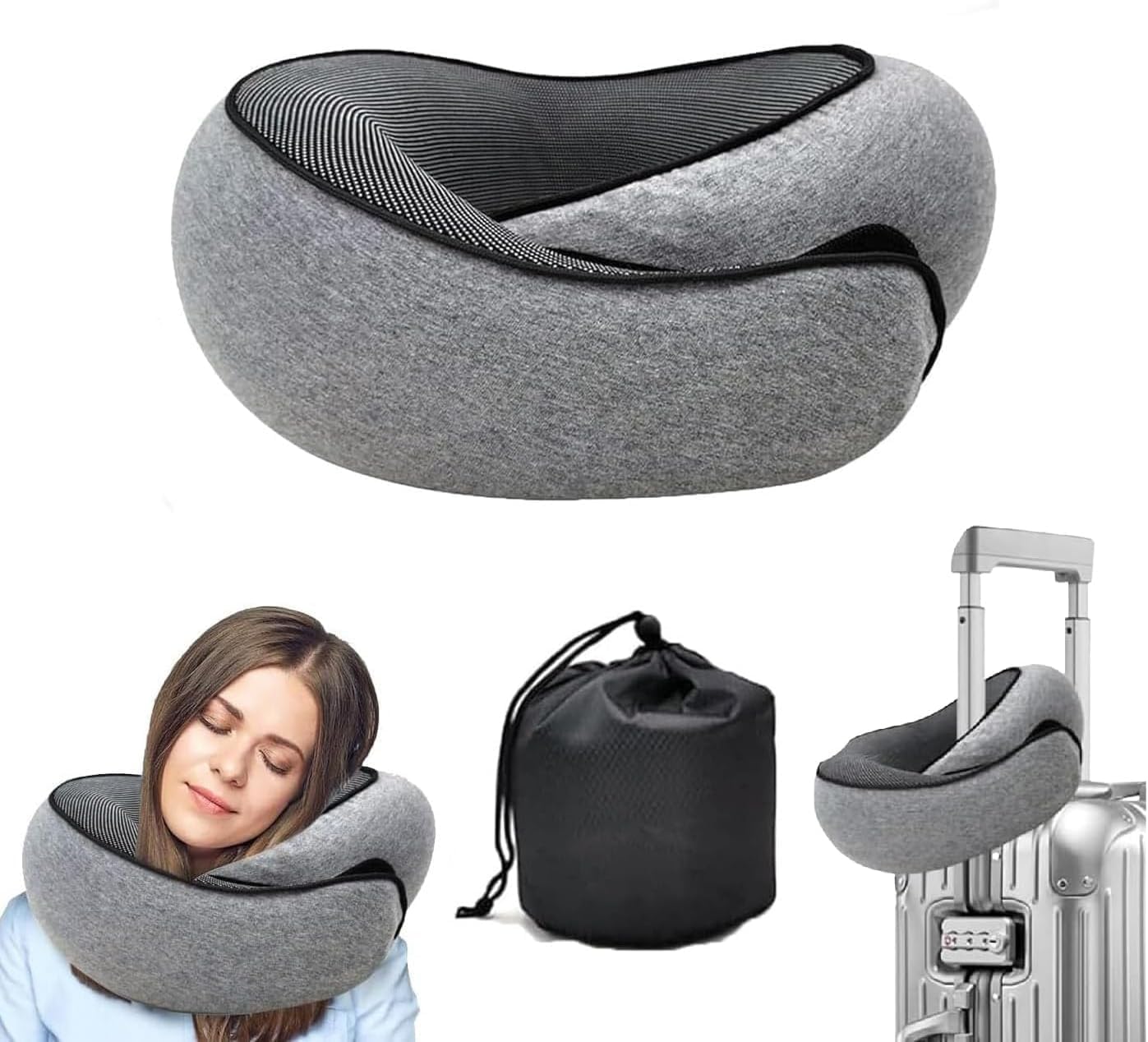WEERSHUN Memory Foam Neck Pillow for Travel, Dark Gray In Carry Bag OSFM NEW