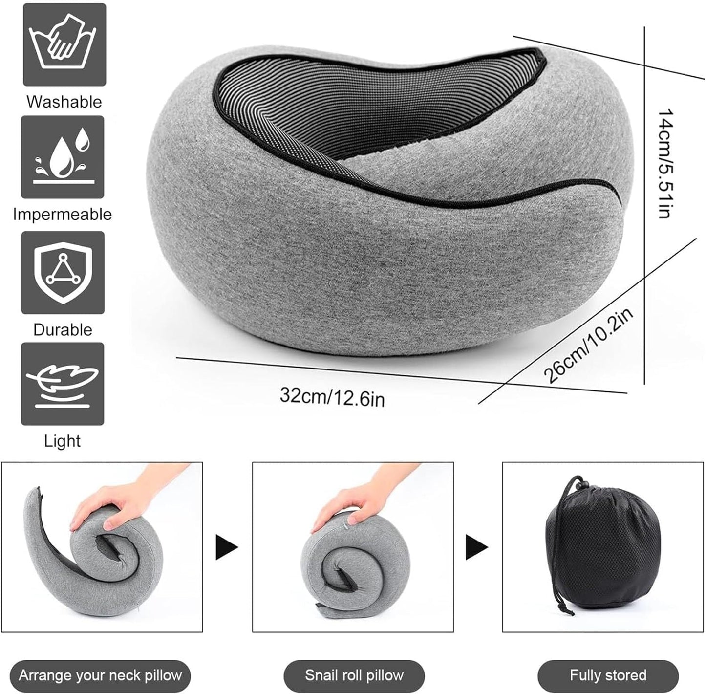 WEERSHUN Memory Foam Neck Pillow for Travel, Dark Gray In Carry Bag OSFM NEW