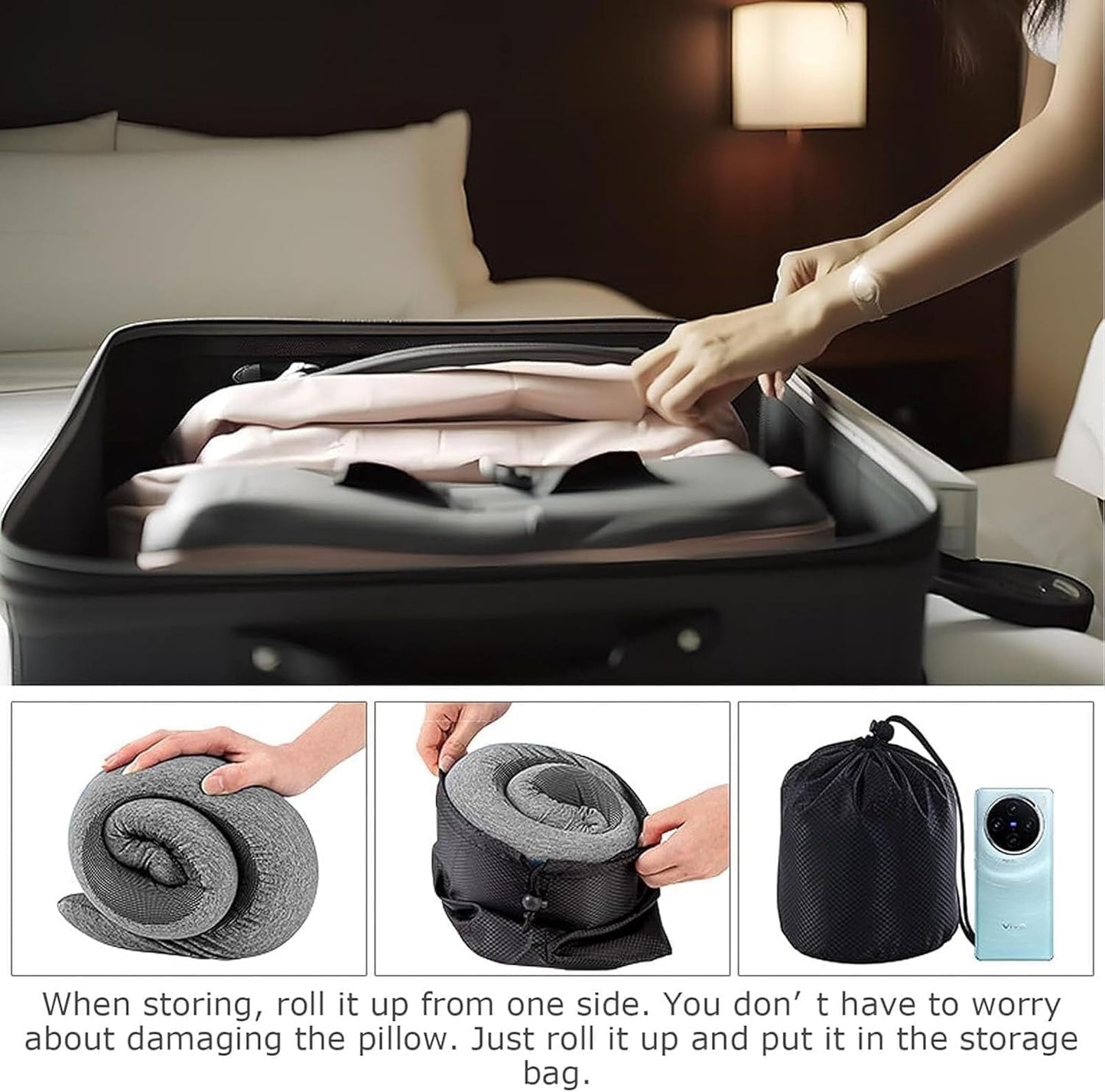 WEERSHUN Memory Foam Neck Pillow for Travel, Dark Gray In Carry Bag OSFM NEW