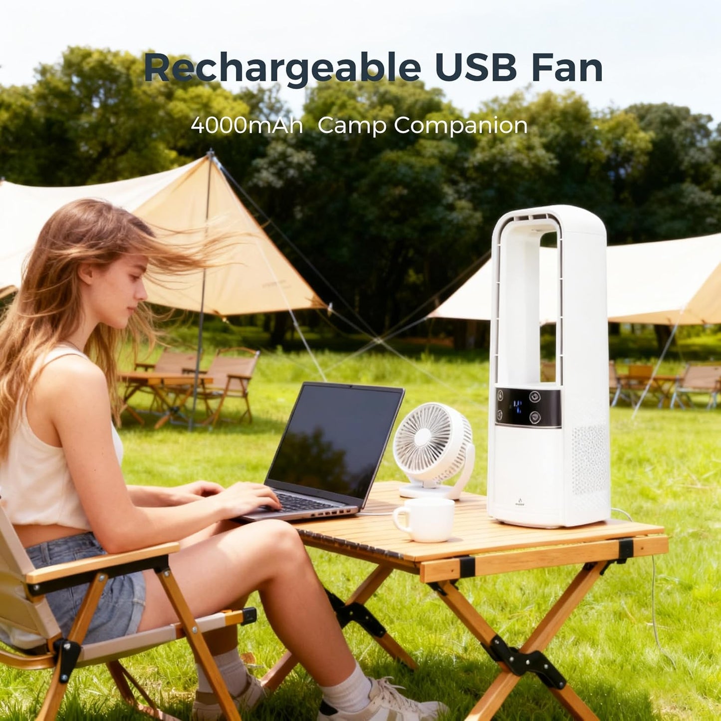 Adjustable Desk Fan 120° Oscillating Rechargeable & Night Light White & Grey NEW