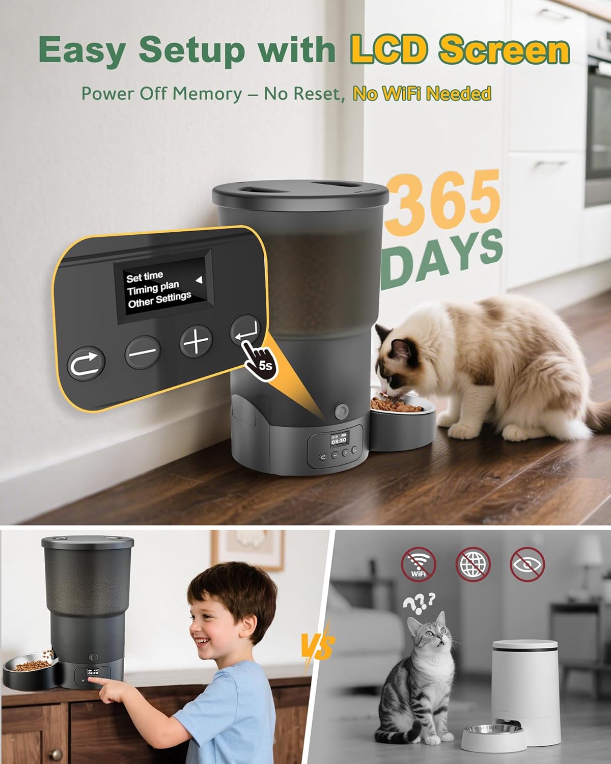 Gimars 5L Automatic Cat Feeder Programmable 1-6 Meals Dispenser Black 1 Bowl NEW