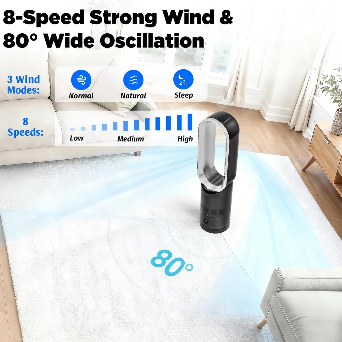 ADVWIN Bladeless Tower Fan 8 Speeds Strong Wind 9H Timer Remote Control Gray NEW