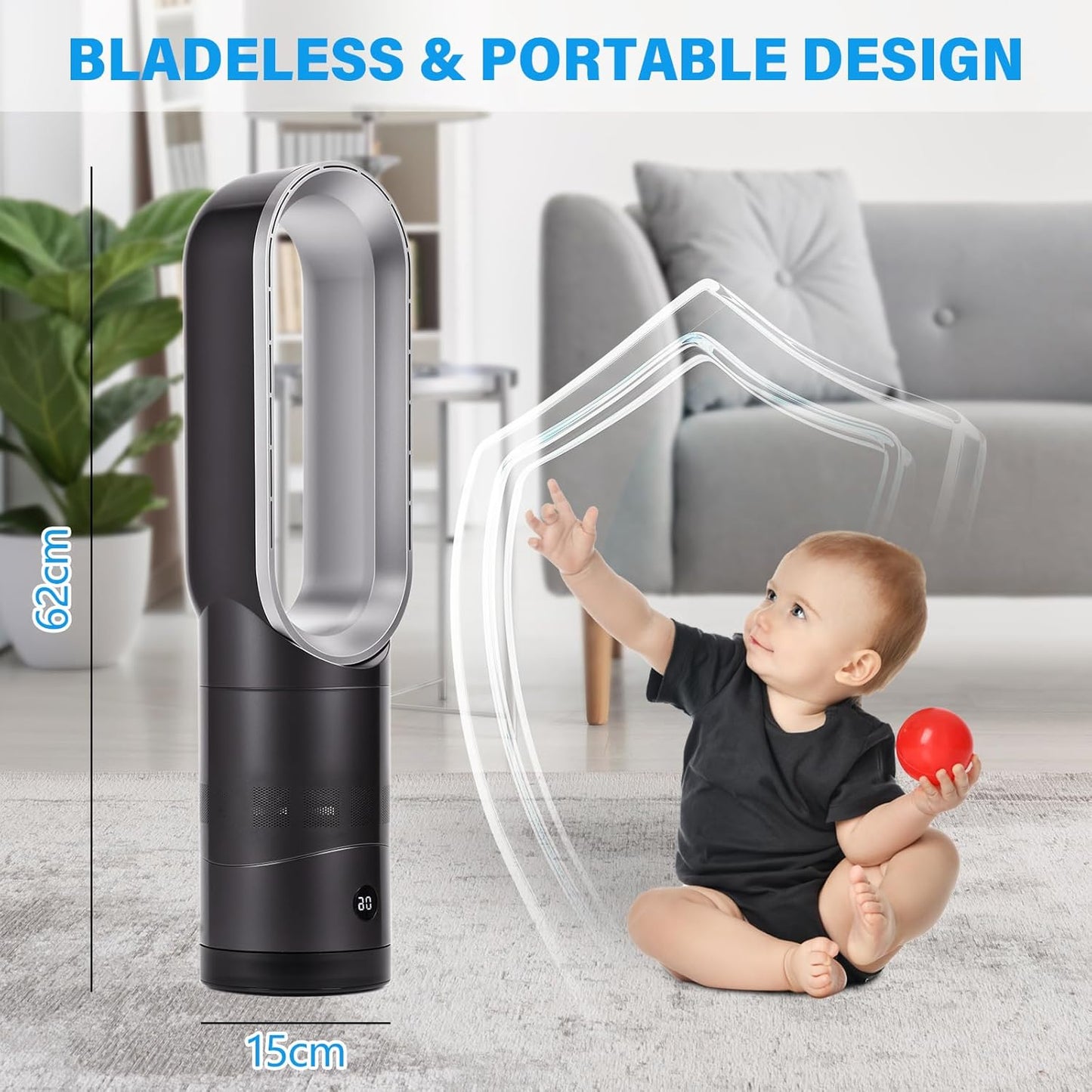 ADVWIN Bladeless Tower Fan 8 Speeds Strong Wind 9H Timer Remote Control Gray NEW