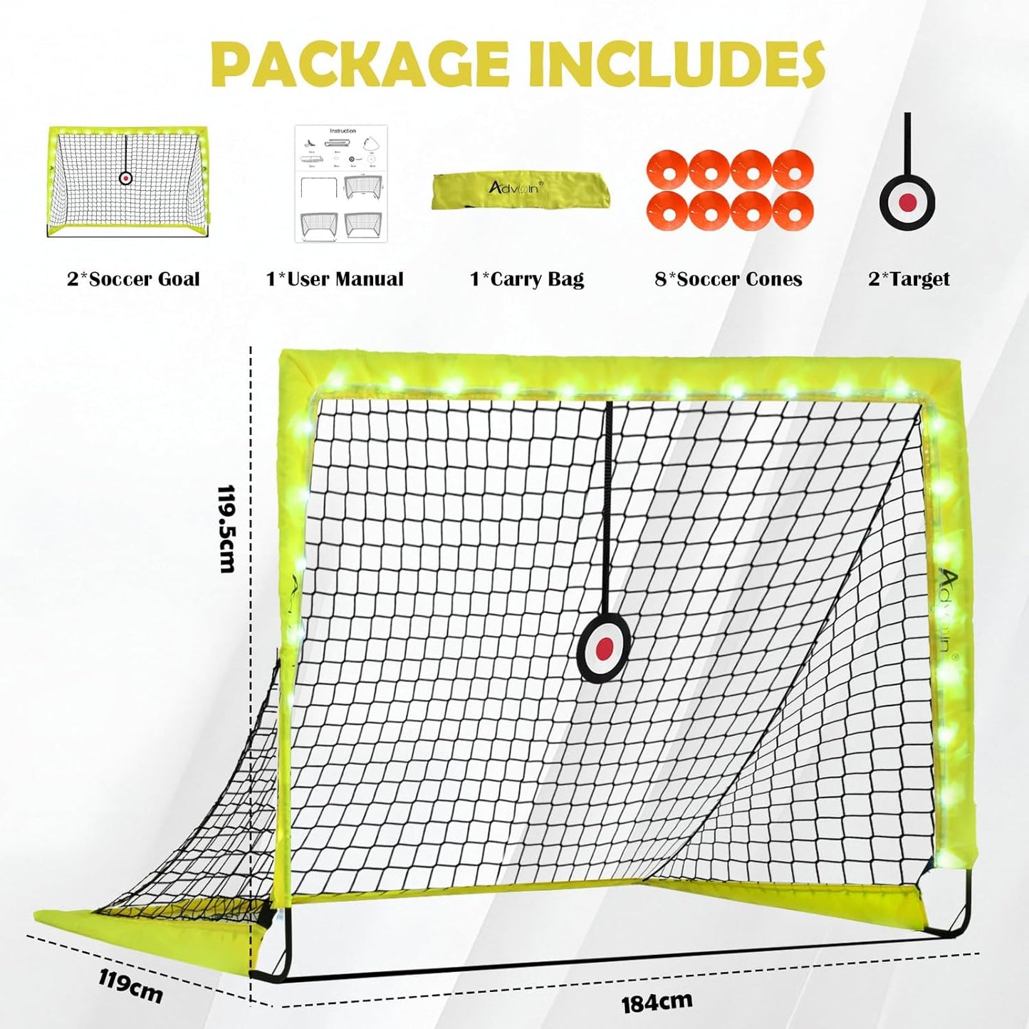 ADVWIN 1.8M*1.2M Football Training Gear Pro Kit with LED Light-Up Goal NEW