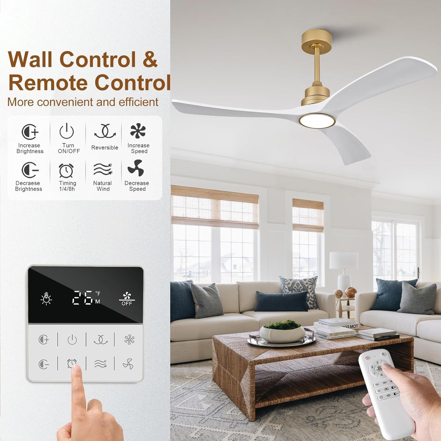 OMYU 52 Inch Gold White Downrod Mount Ceiling Fan with Light Size 52 inch NEW