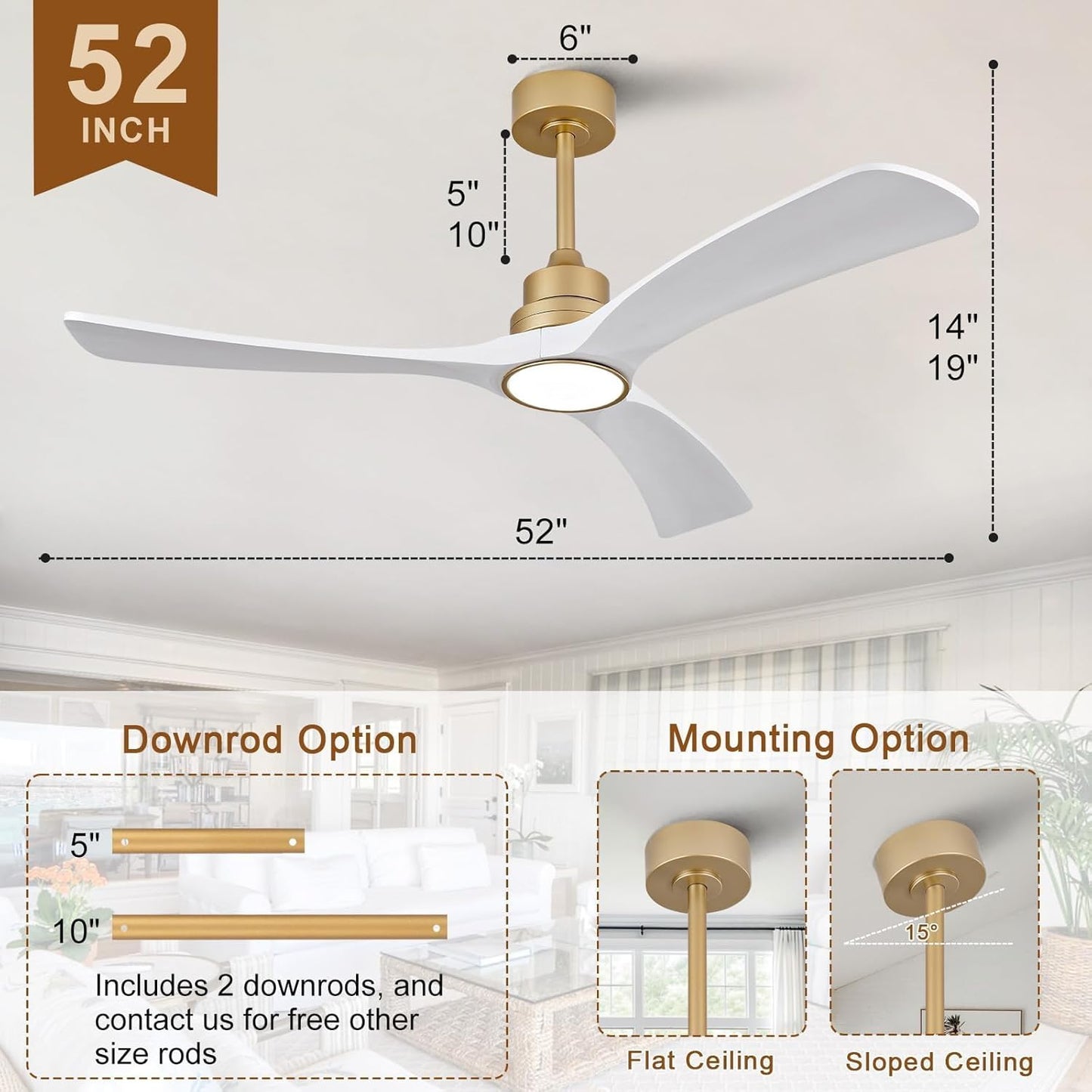 OMYU 52 Inch Gold White Downrod Mount Ceiling Fan with Light Size 52 inch NEW
