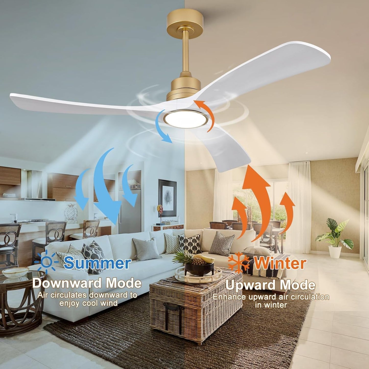 OMYU 52 Inch Gold White Downrod Mount Ceiling Fan with Light Size 52 inch NEW