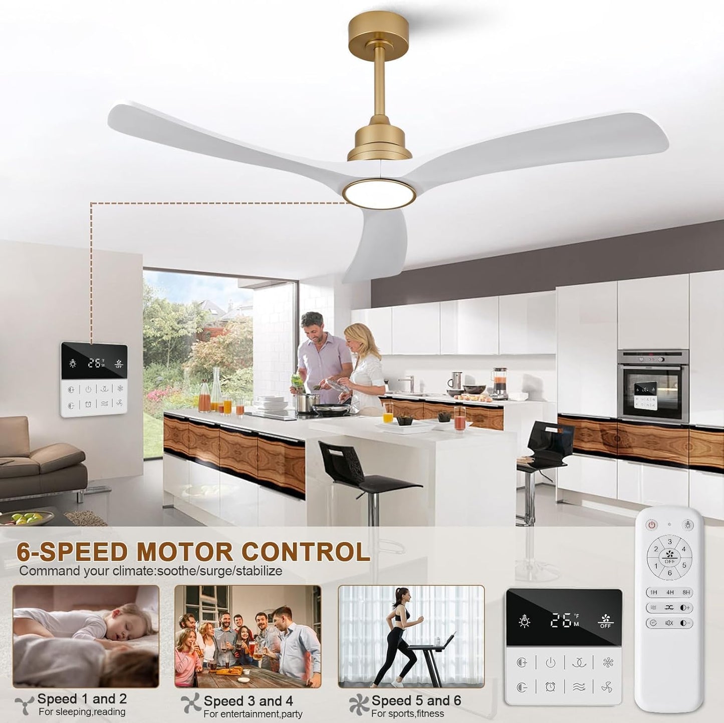 OMYU 52 Inch Gold White Downrod Mount Ceiling Fan with Light Size 52 inch NEW