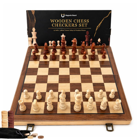 Anlova Wooden Magnetic Checkers & Chess Board Set - Foldable Portable NEW