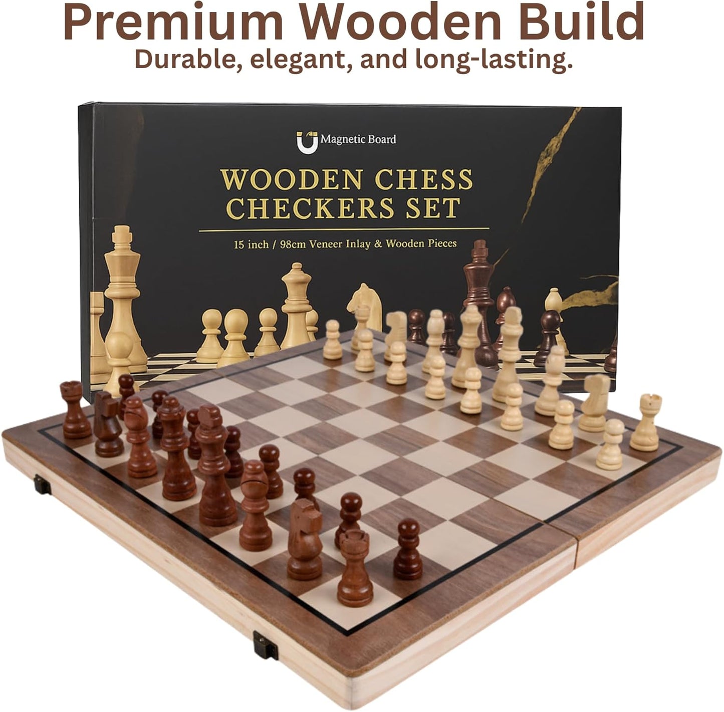 Anlova Wooden Magnetic Checkers & Chess Board Set - Foldable Portable NEW