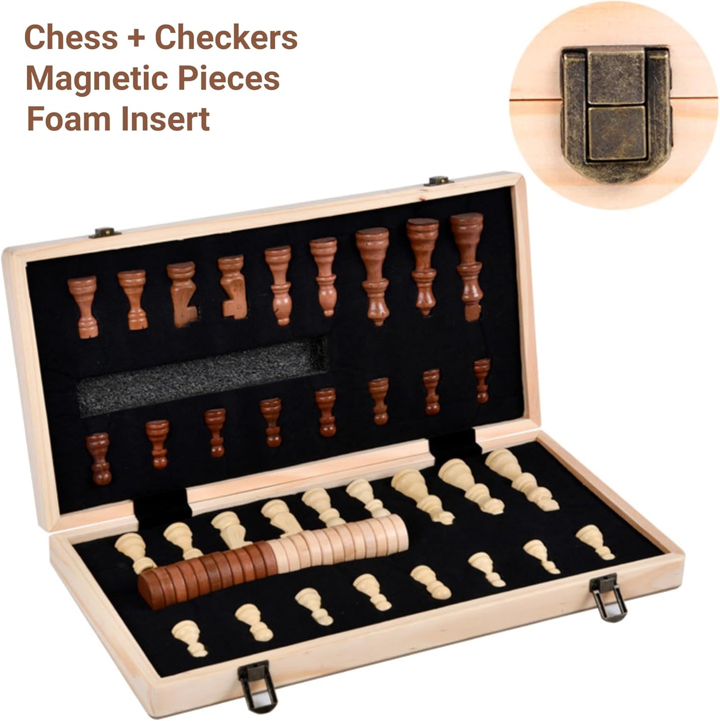Anlova Wooden Magnetic Checkers & Chess Board Set - Foldable Portable NEW