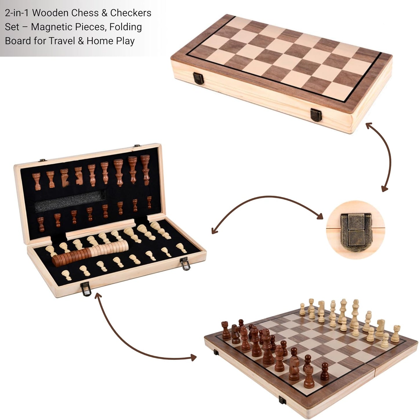 Anlova Wooden Magnetic Checkers & Chess Board Set - Foldable Portable NEW