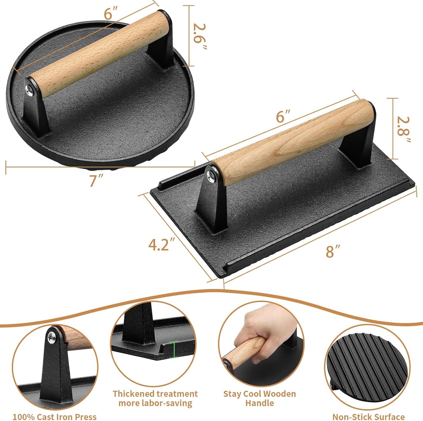 Zacfton Burger Press Set - 2 Piece Bacon Smasher Griddle Barbecue Tool Kit NEW