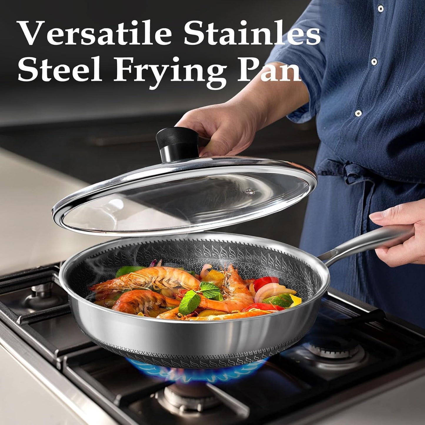 Homodoskey 28CM Stainless Steel Frying Pan Non-Stick Cookware Skillet Silver NEW