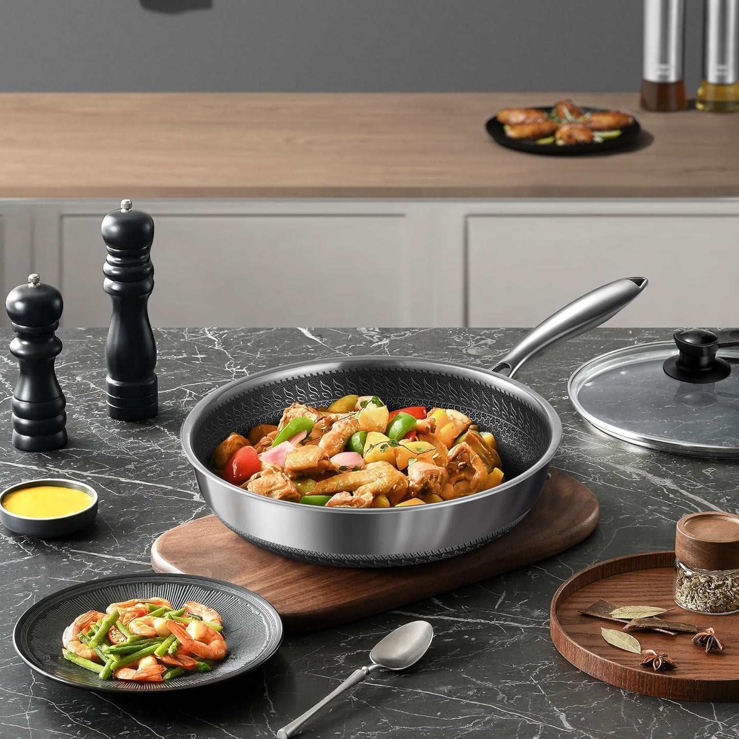 Homodoskey 28CM Stainless Steel Frying Pan Non-Stick Cookware Skillet Silver NEW