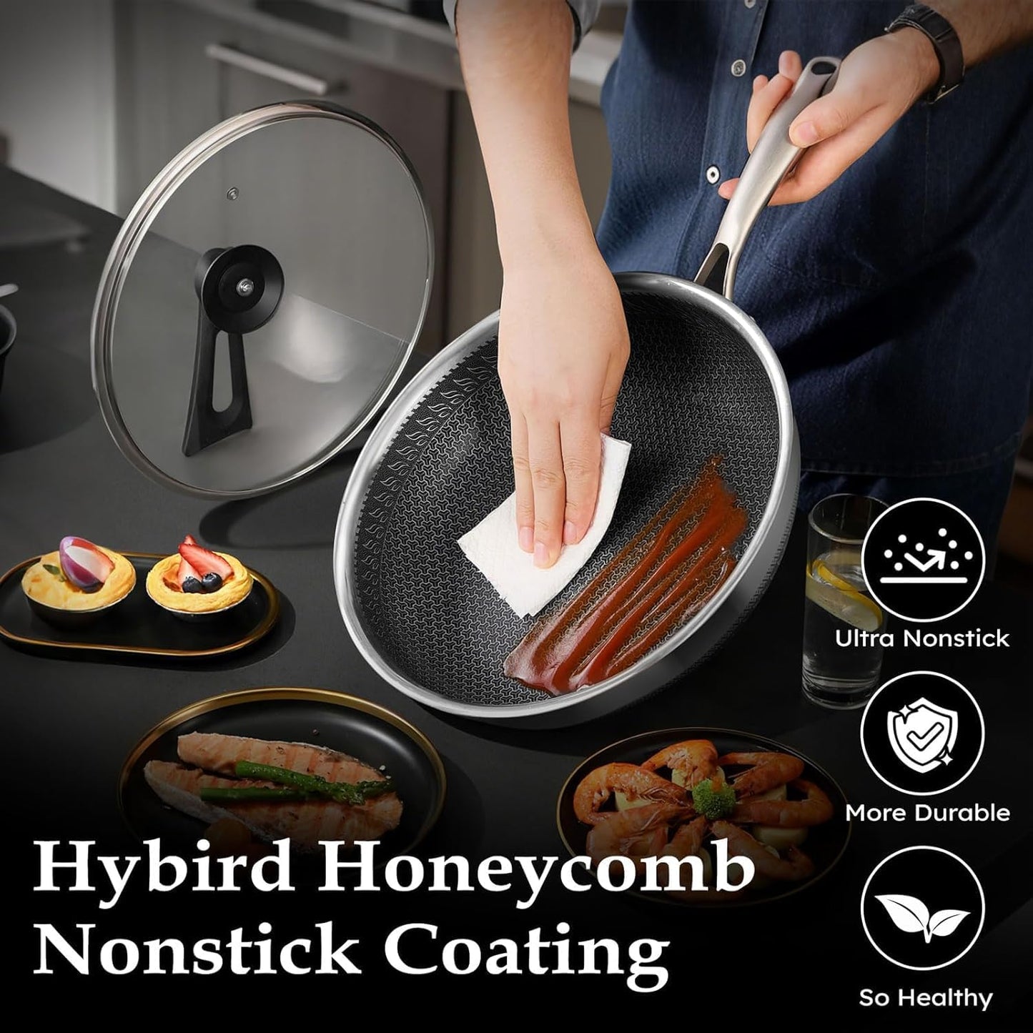 Homodoskey 28CM Stainless Steel Frying Pan Non-Stick Cookware Skillet Silver NEW