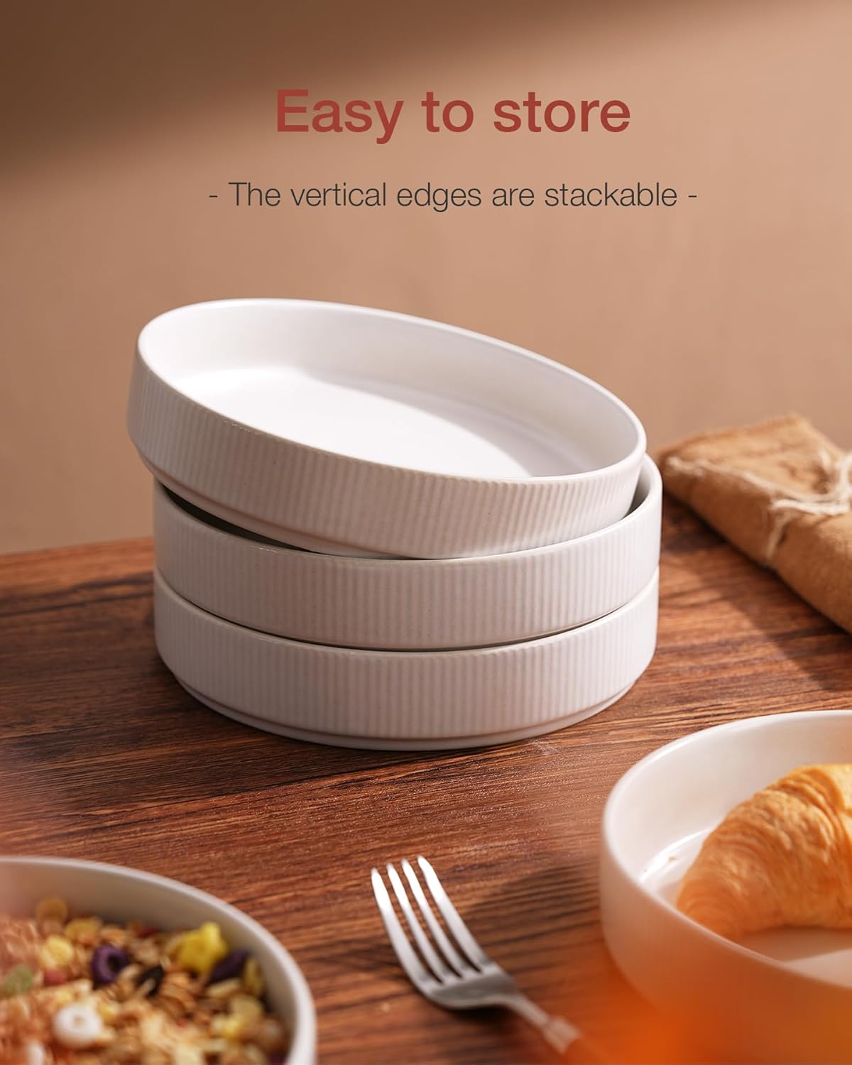 famiware 8.25" Pasta Bowls Set of 4 Salad Matte White Stoneware Ceramic NEW