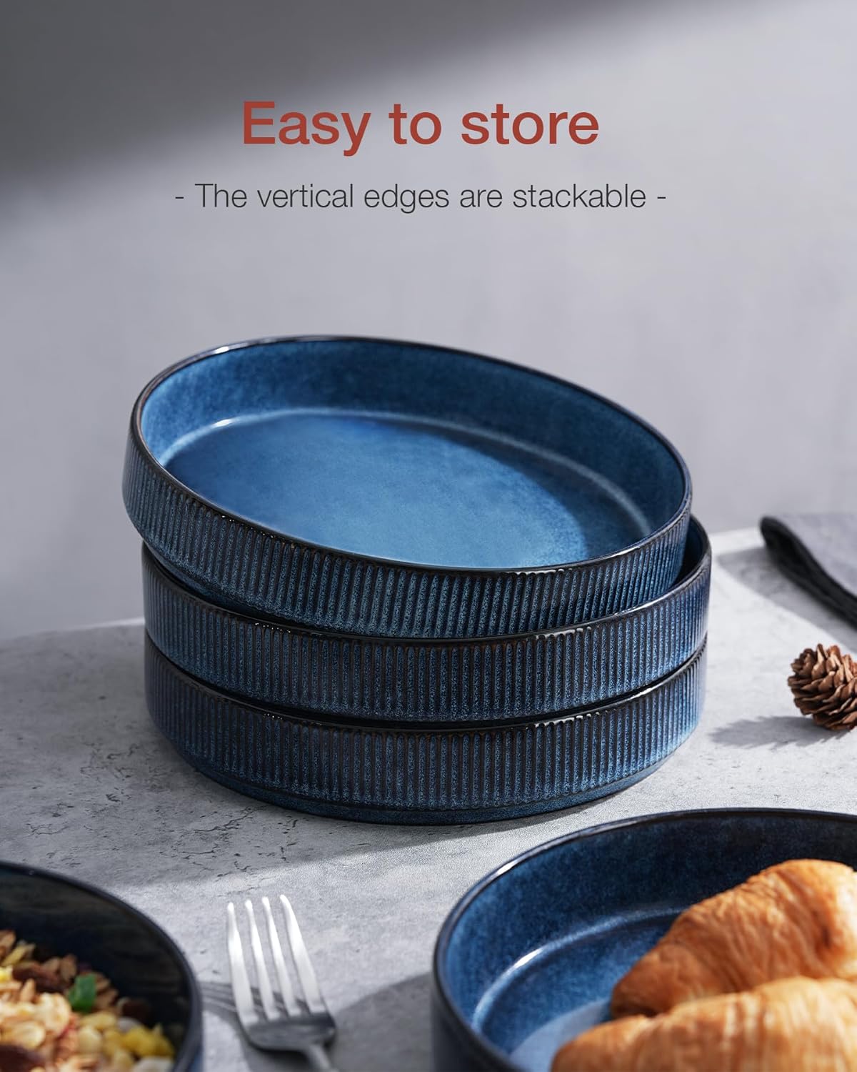 famiware 8.25" Star Nebulas Blue Stoneware Salad Pasta Bowls Set of 4 NEW