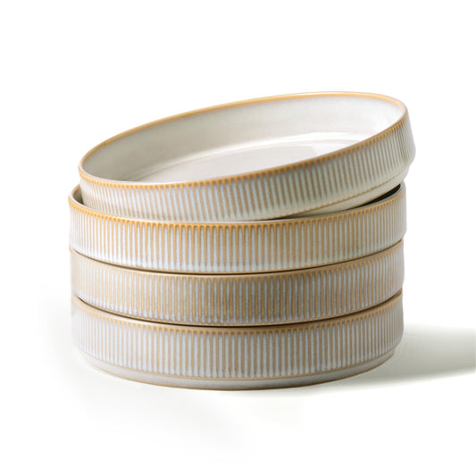 famiware 8.25" Pasta Bowls Set of 4 Cappuccino White Stoneware Ceramic NEW