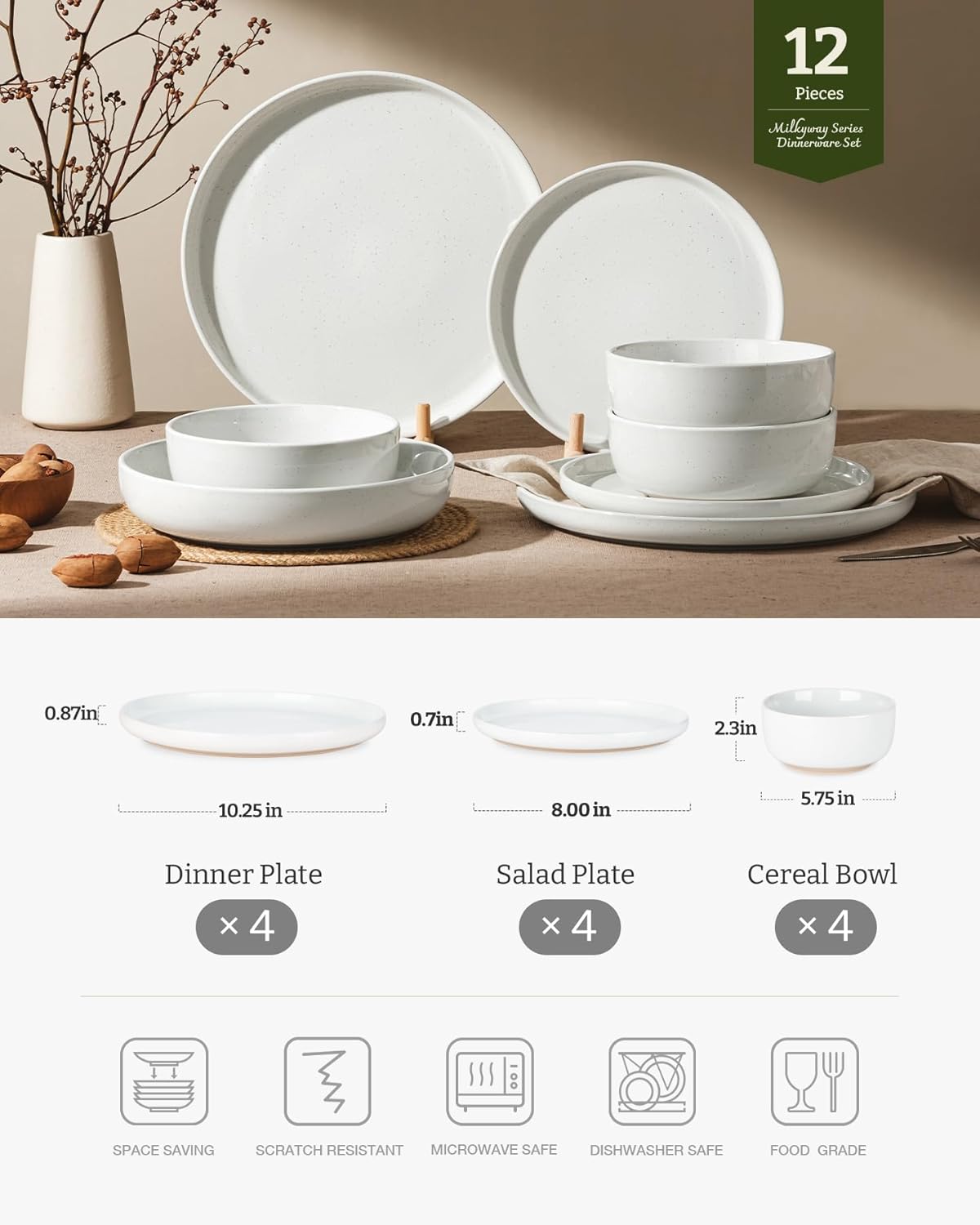 Famiware 12-Piece Stoneware Dinner Plates and Bowls Set White Dinnerware NEW
