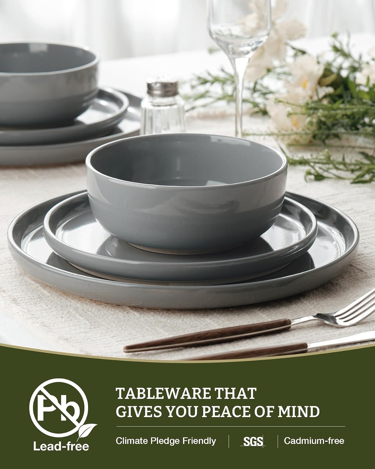 Famiware 12-Piece Dark Gray Dinnerware Set - Dinner Plates, Bowls, Mugs NEW