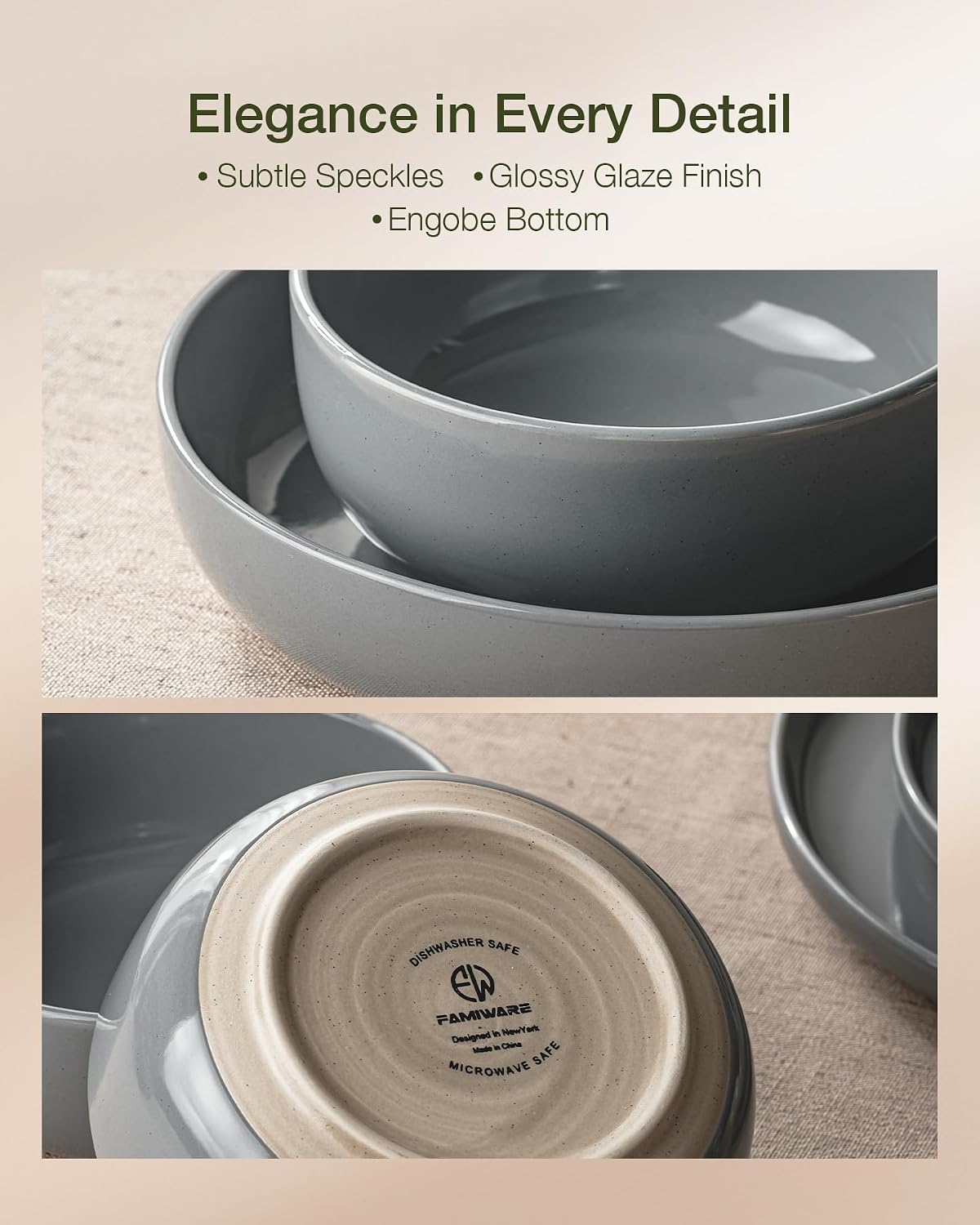 Famiware 12-Piece Dark Gray Dinnerware Set - Dinner Plates, Bowls, Mugs NEW
