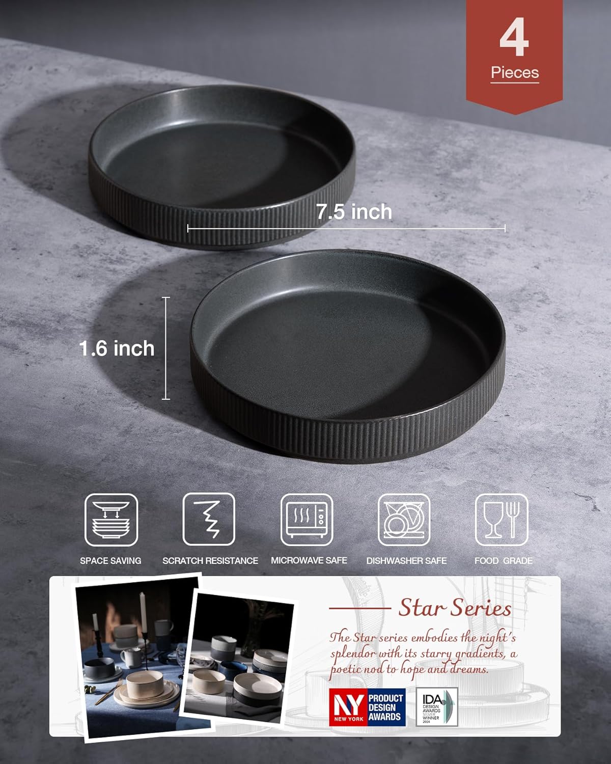 famiware 7.5" Pasta Bowls Set Double Reactive Glaze Dark Matte Dark Charcoal NEW