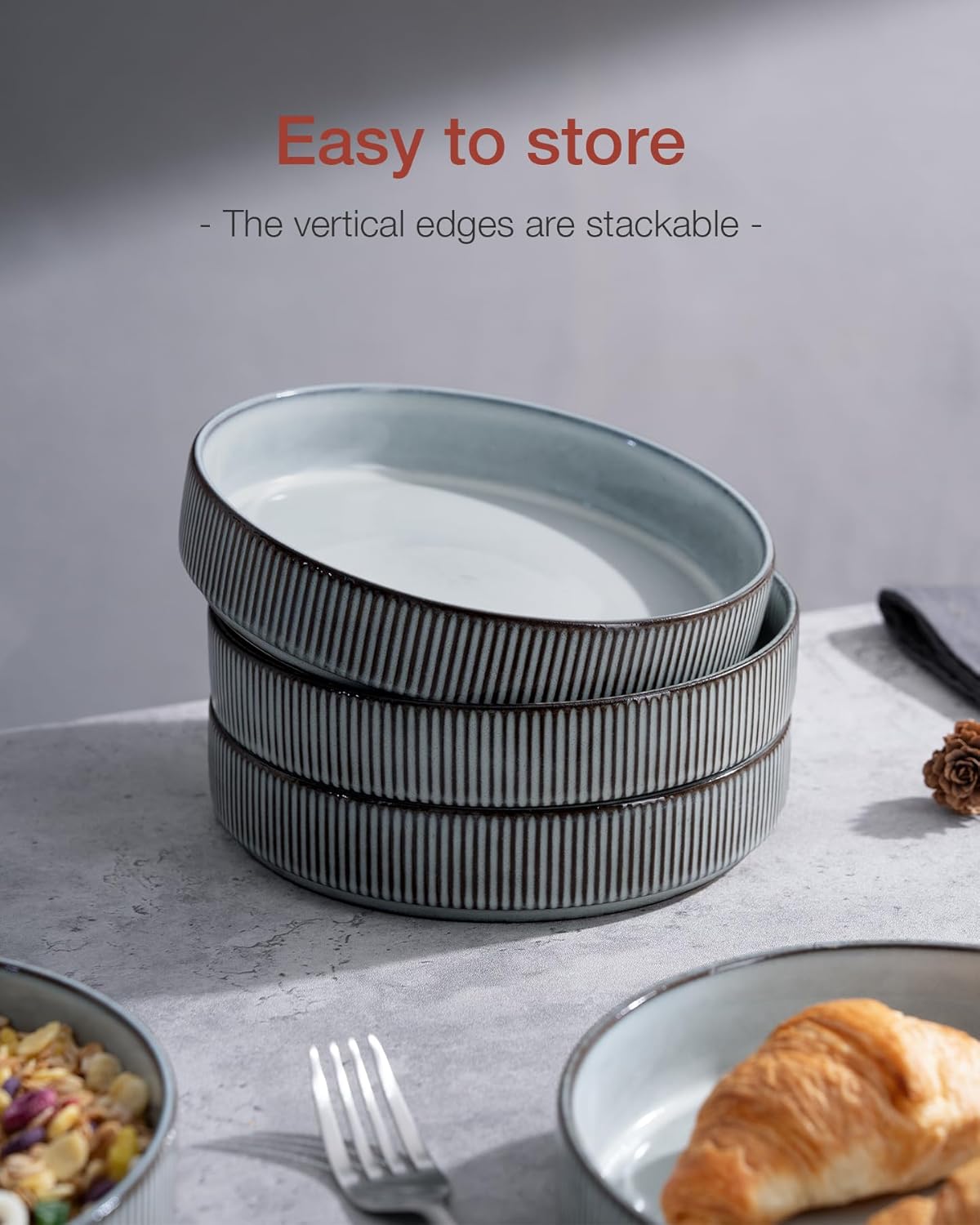 famiware 8.25" Pasta Bowls Set of 4 Salad Bowl Plates Smoky Blue Stoneware NEW