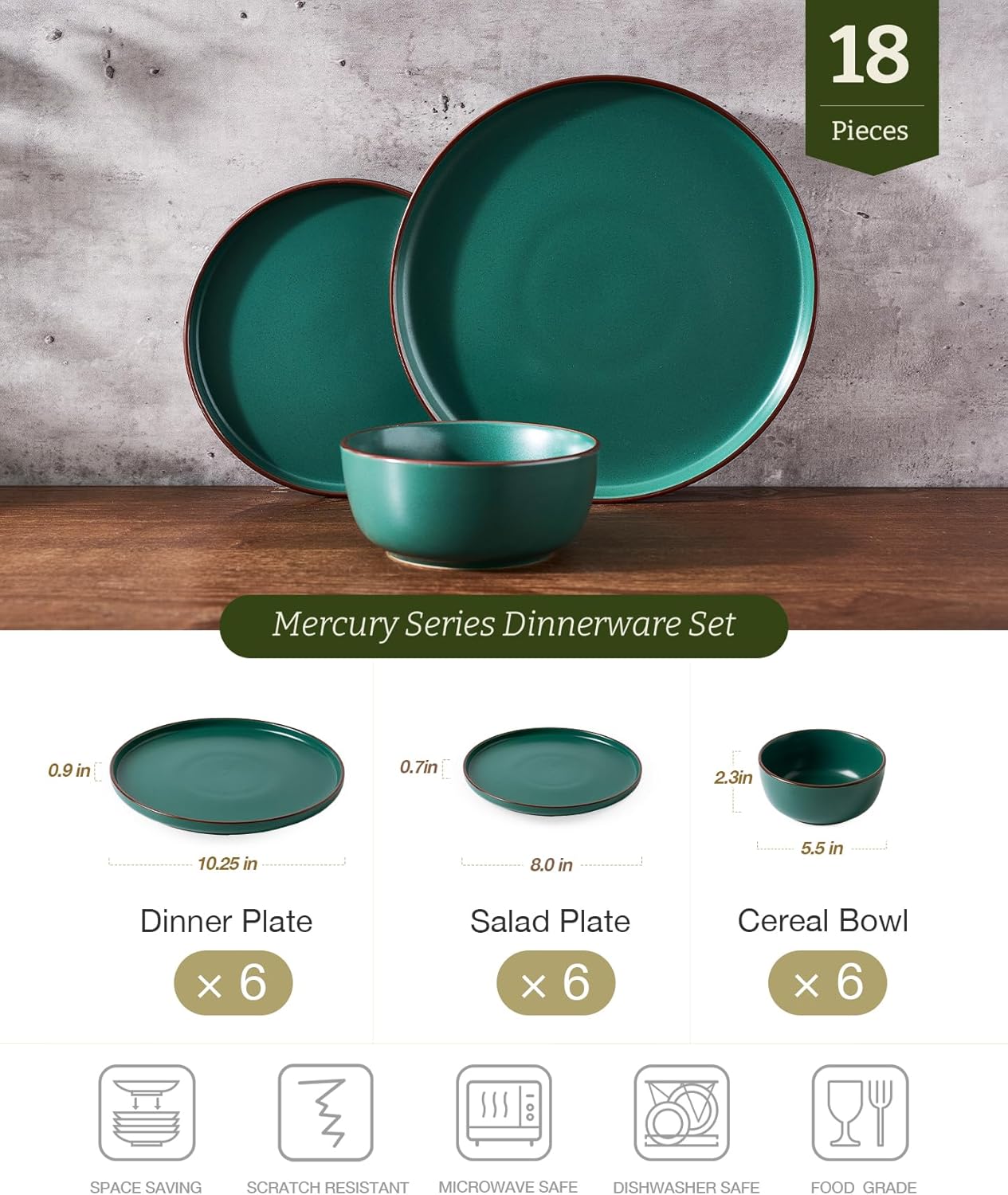 Famiware 18-Piece Stoneware Dinnerware Set in Dark Green Dinner Plates NEW