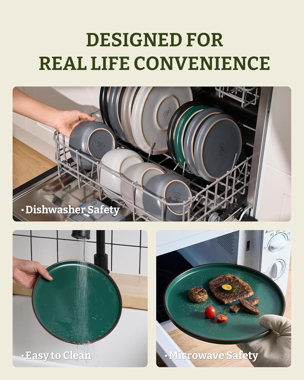 Famiware 18-Piece Stoneware Dinnerware Set in Dark Green Dinner Plates NEW