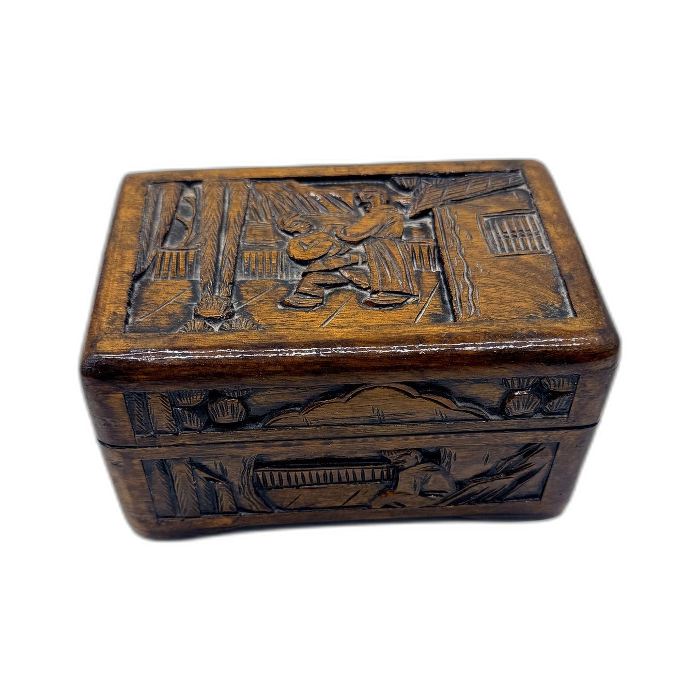 Vintage Decorative Wooden Storage Box Satin Lined - Carved Collectible