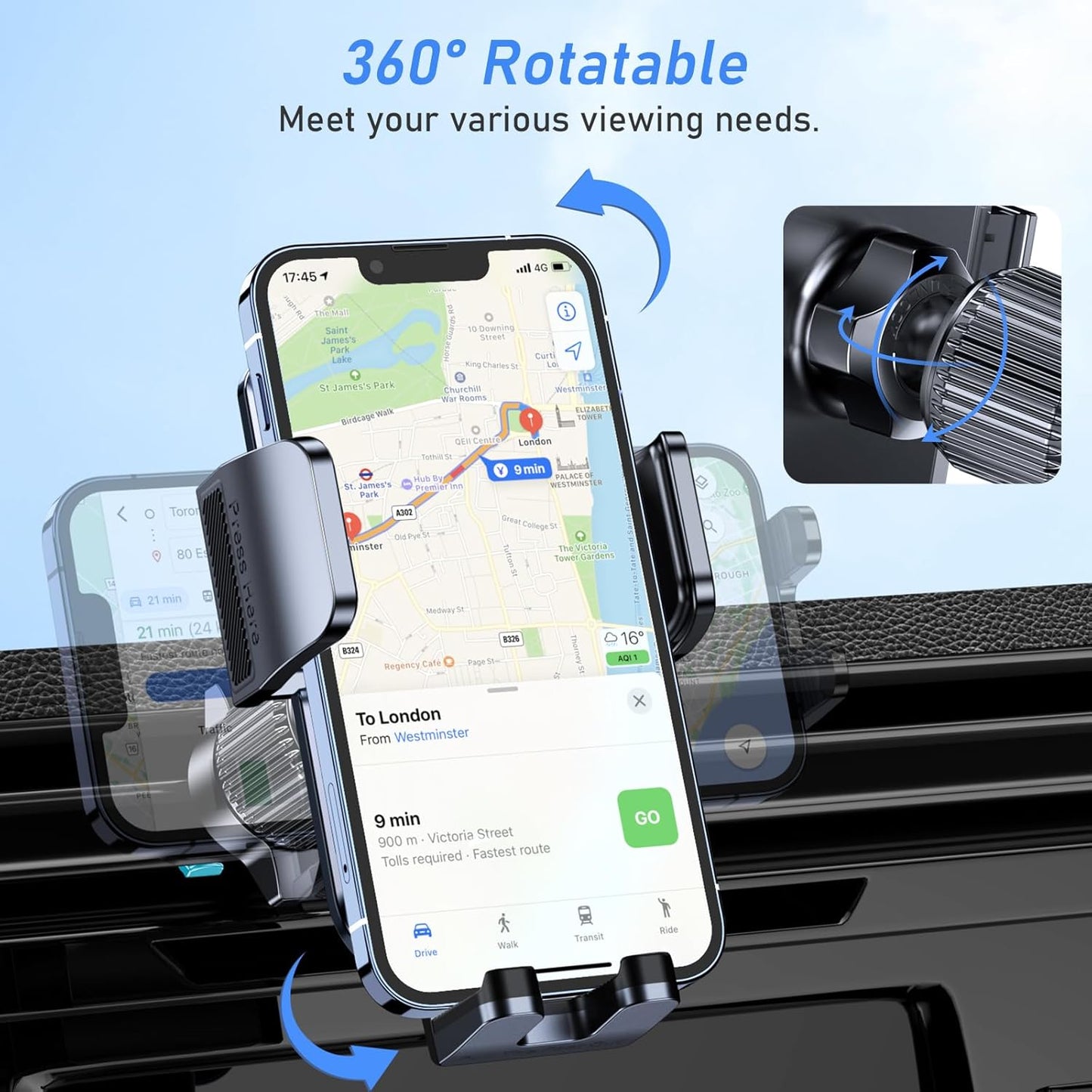 Blukar 360° Rotation Black Dash-Mounted Car Phone Holder for Hands-Free Use NEW