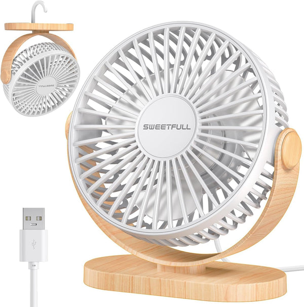 SWEETFULL Quiet 3-Speed Portable Desk Fan, 360° Adjustable, White, Whisper NEW